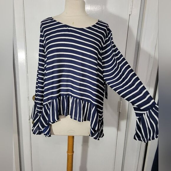 A.n.a Navy Stripe Peplum Hem Blouse With Ruffles Size XL NWT - Picture 3 of 11